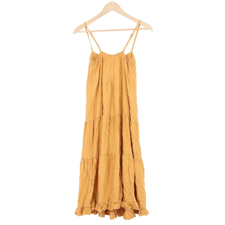Kuini Collection Mustard Yellow Boho Tiered Midi Dress Small Rayon Button Front