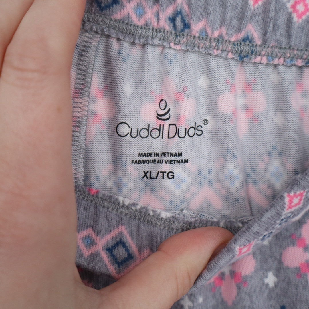 Cuddl Duds Pajama Pants Womens XL Gray Pink Fair Isle Heart Print Sleepwear