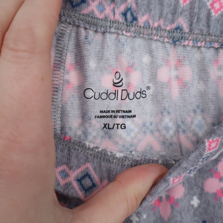 Cuddl Duds Pajama Pants Womens XL Gray Pink Fair Isle Heart Print Sleepwear