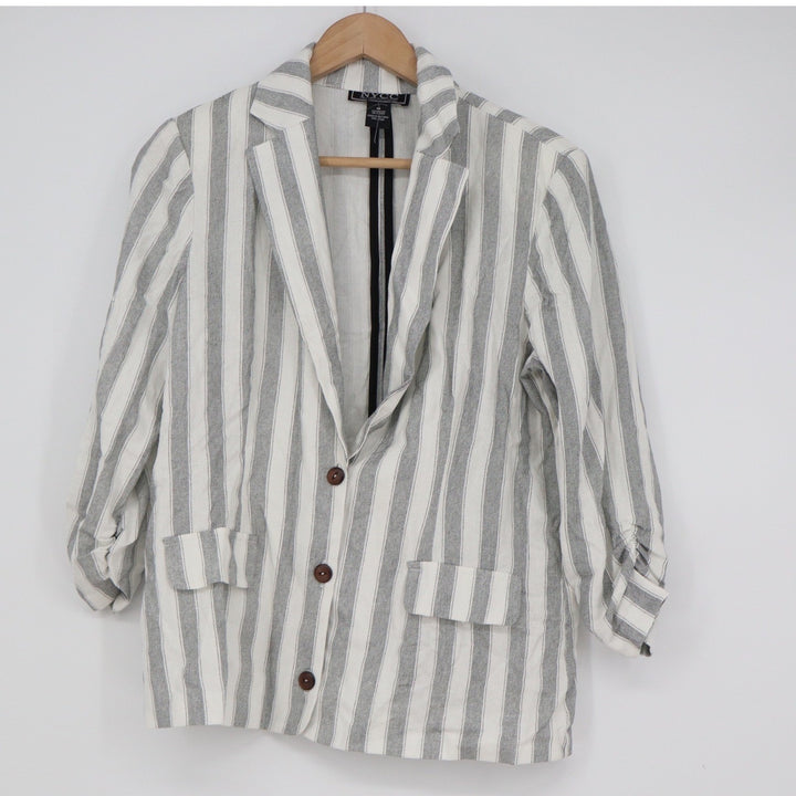 NYCC New York Clothing Co Grey White Striped Linen Blend Ruched Sleeve Blazer M