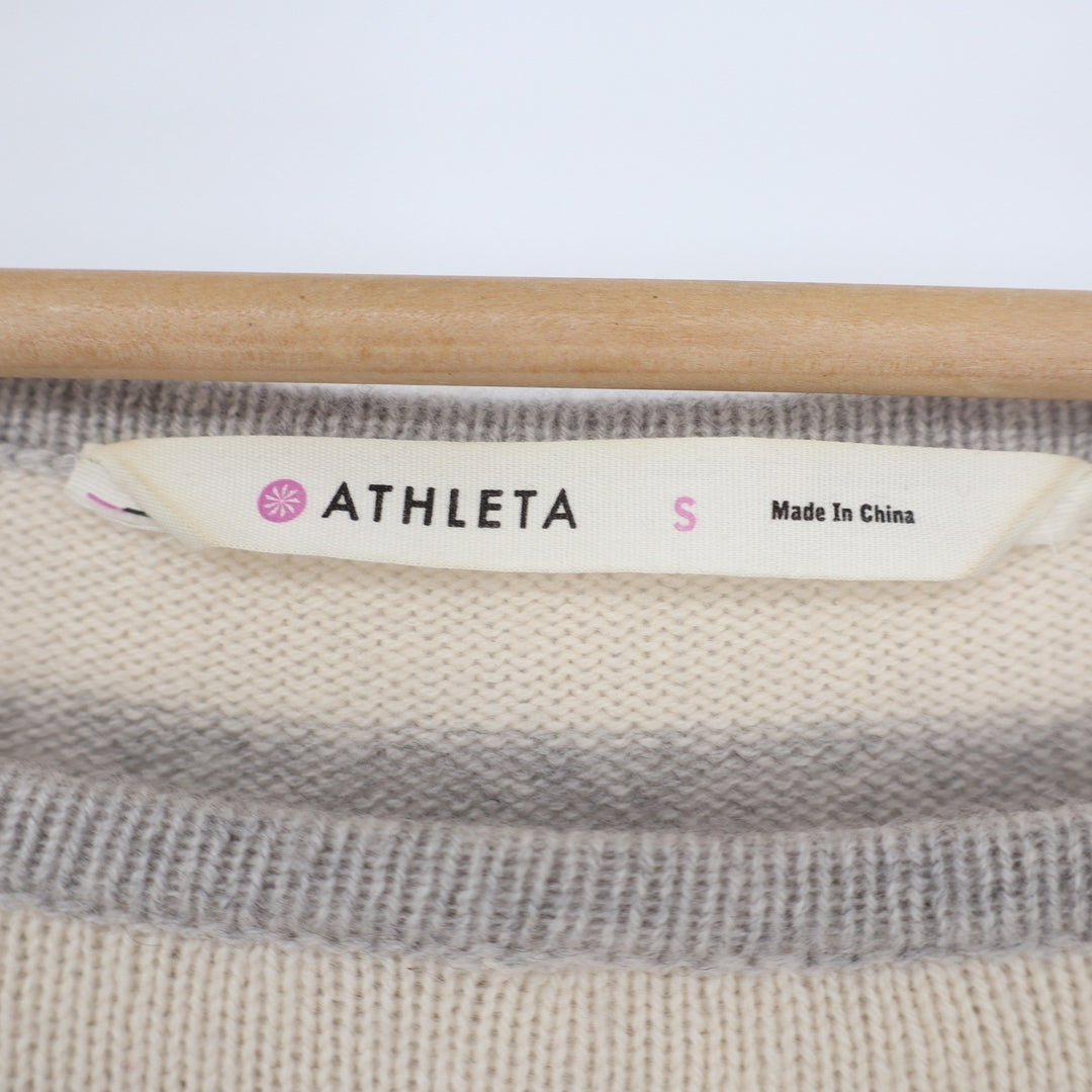 Athleta Womens 100% Cashmere Striped Boat Neck Sweater Grey Cream Small