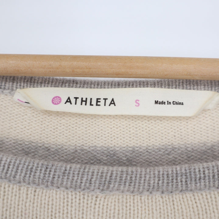 Athleta Womens 100% Cashmere Striped Boat Neck Sweater Grey Cream Small