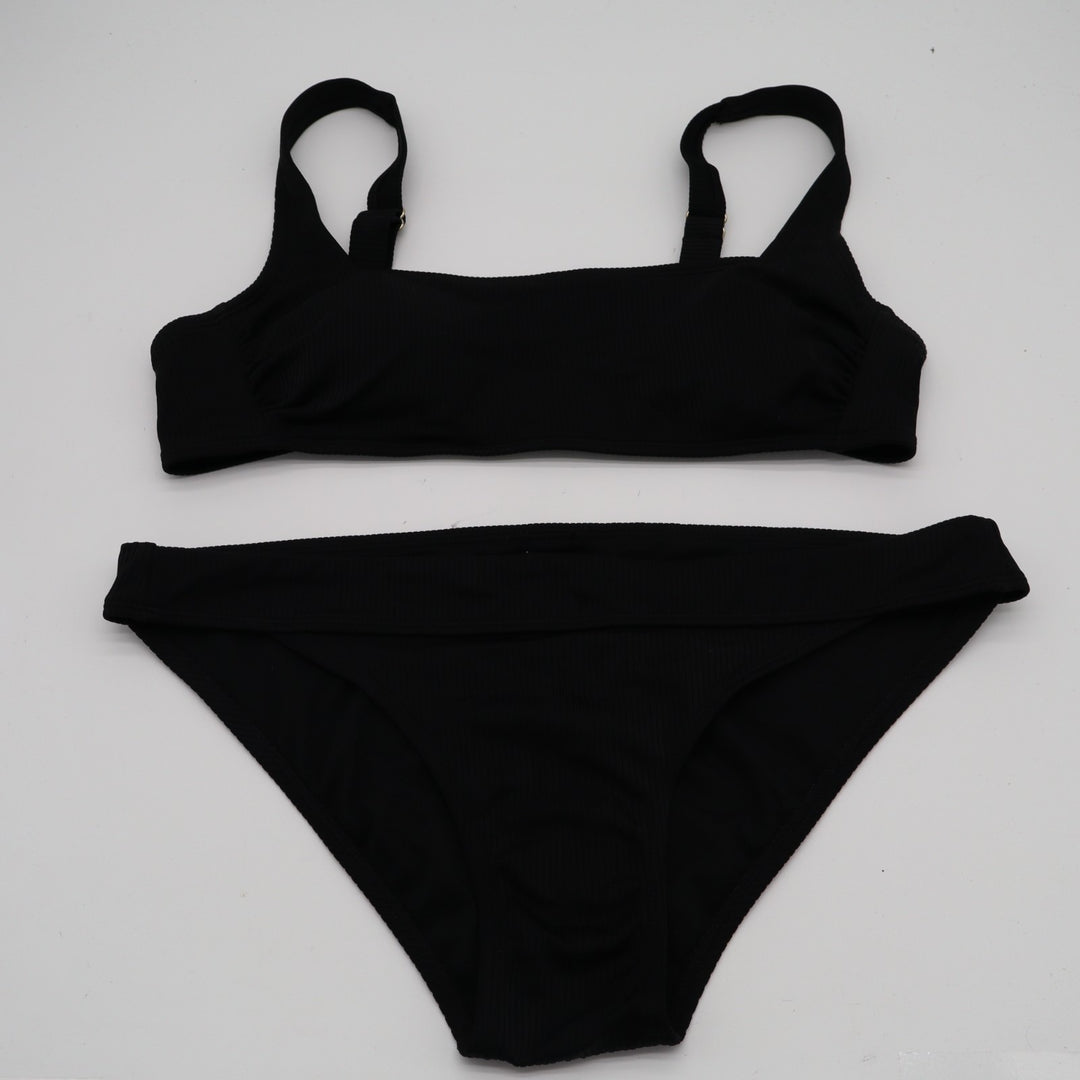 Xhilaration 2 Piece Bikini Set Womens L Black Ribbed Adjustable Strap Swimwear