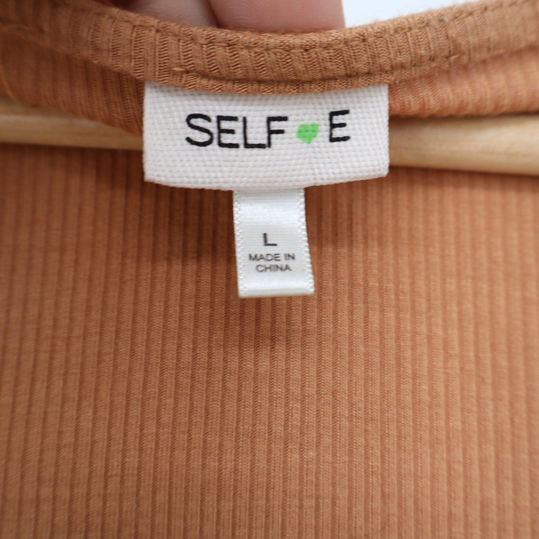 Selfie Womens Long Sleeve Ribbed Square Neck Bodysuit Camel Tan Size L