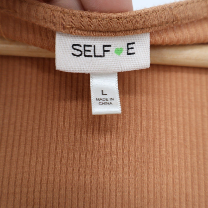 Selfie Womens Long Sleeve Ribbed Square Neck Bodysuit Camel Tan Size L
