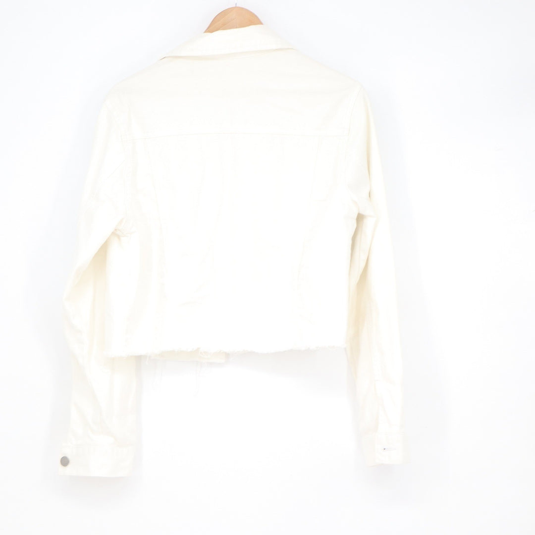 Harper Heritage Francescas White Cropped Denim Jacket Raw Hem M