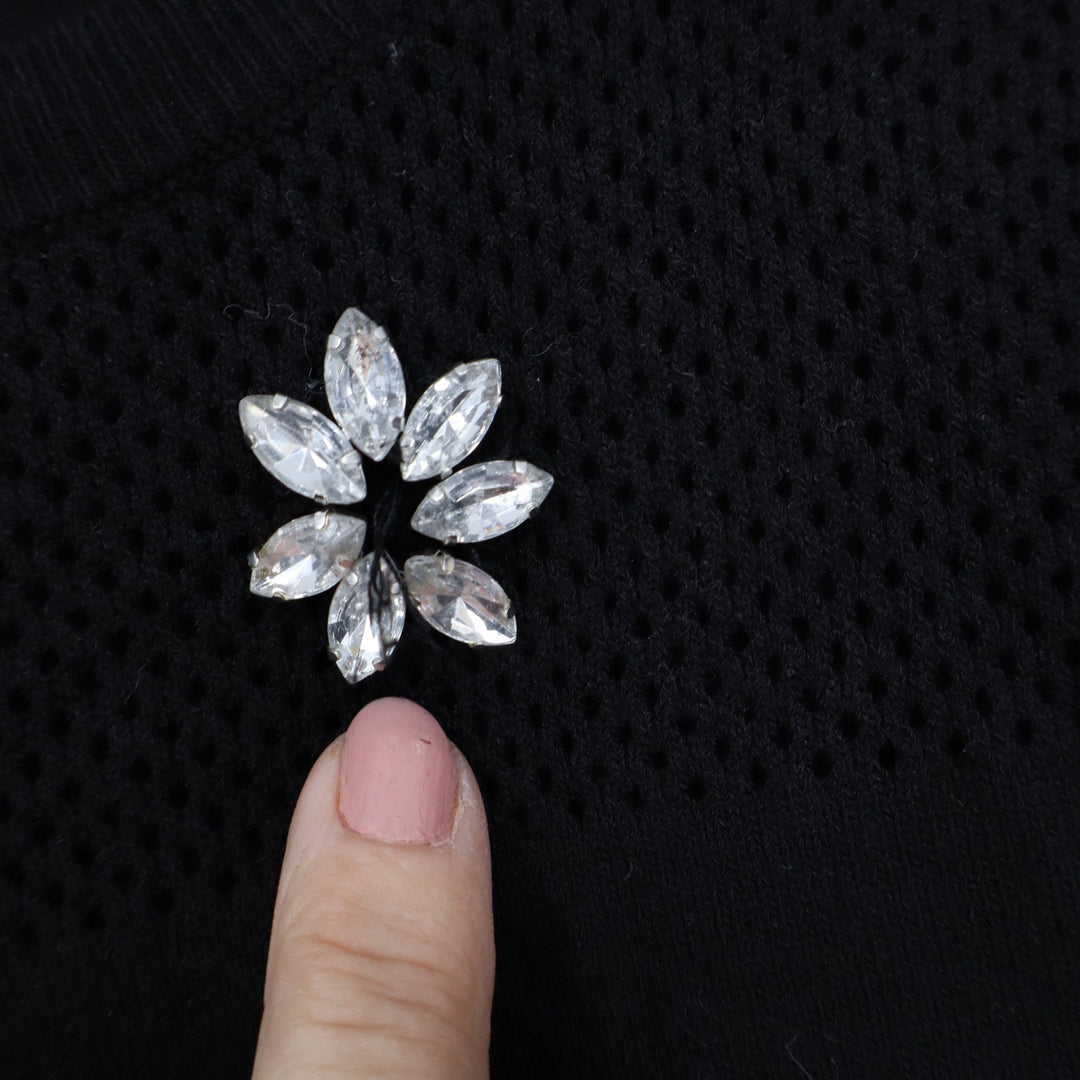 INC International Concepts Womens Black Rhinestone Flower Mesh Knit Top Size M