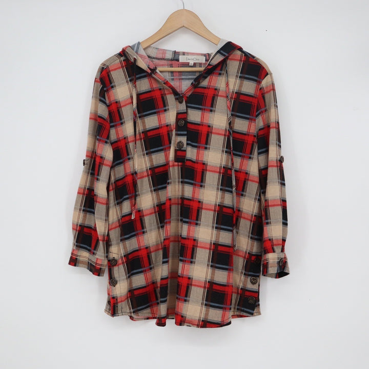 Eden & Olivia Red Plaid Henley Hoodie 3/4 Roll Tab Sleeve Top Womens Large
