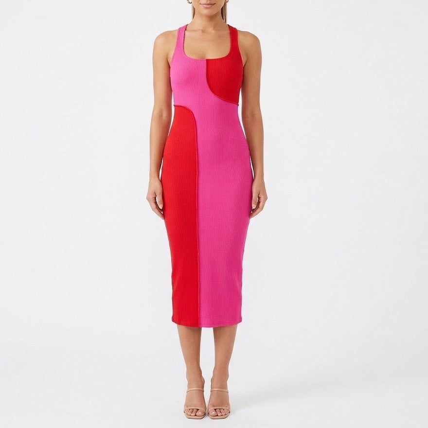 Naked Wardrobe Pink Red Colorblock Ribbed Midi Dress XS Sleeveless