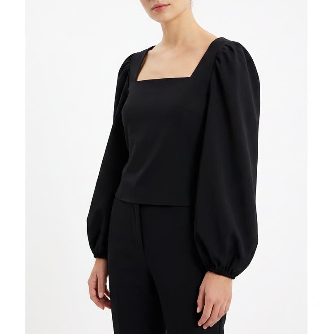 Cropped Blouse Womens XL Black Stretch Balloon Sleeves Squaer Neck Pullover