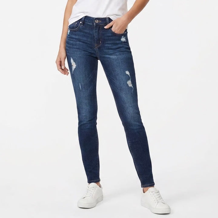 Express Jeans Womens Size 10R Dark Wash Distressed Skinny Stretch Denim Blue