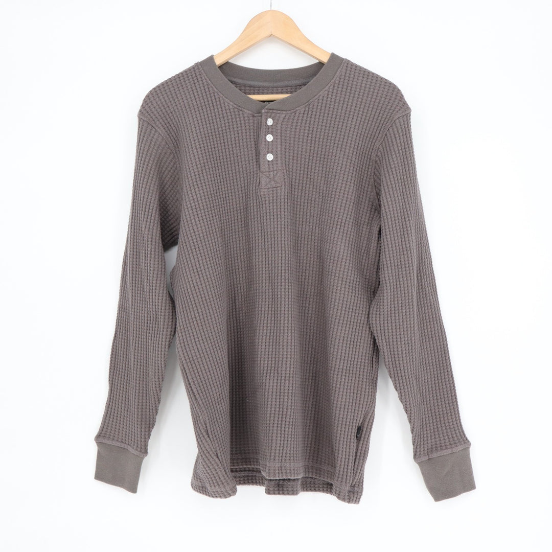 American Giant T-Shirt Men Medium Gray Cotton Stretch Waffle Knit Henley Neck