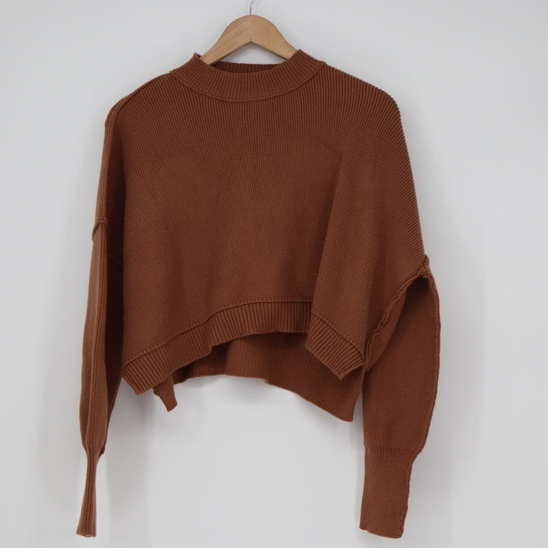 Qinsen Womens Rust Brown Ribbed Mock Neck Cropped Sweater Large