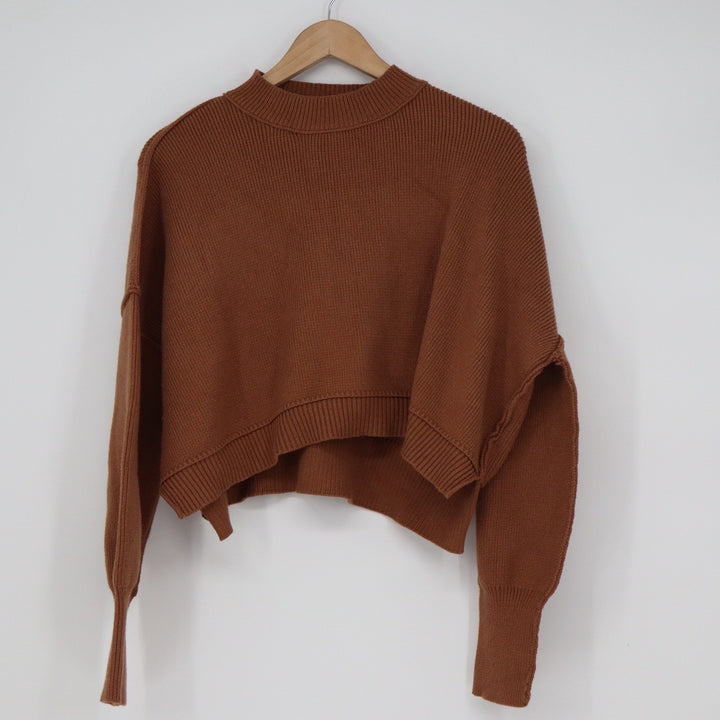 Qinsen Womens Rust Brown Ribbed Mock Neck Cropped Sweater Large