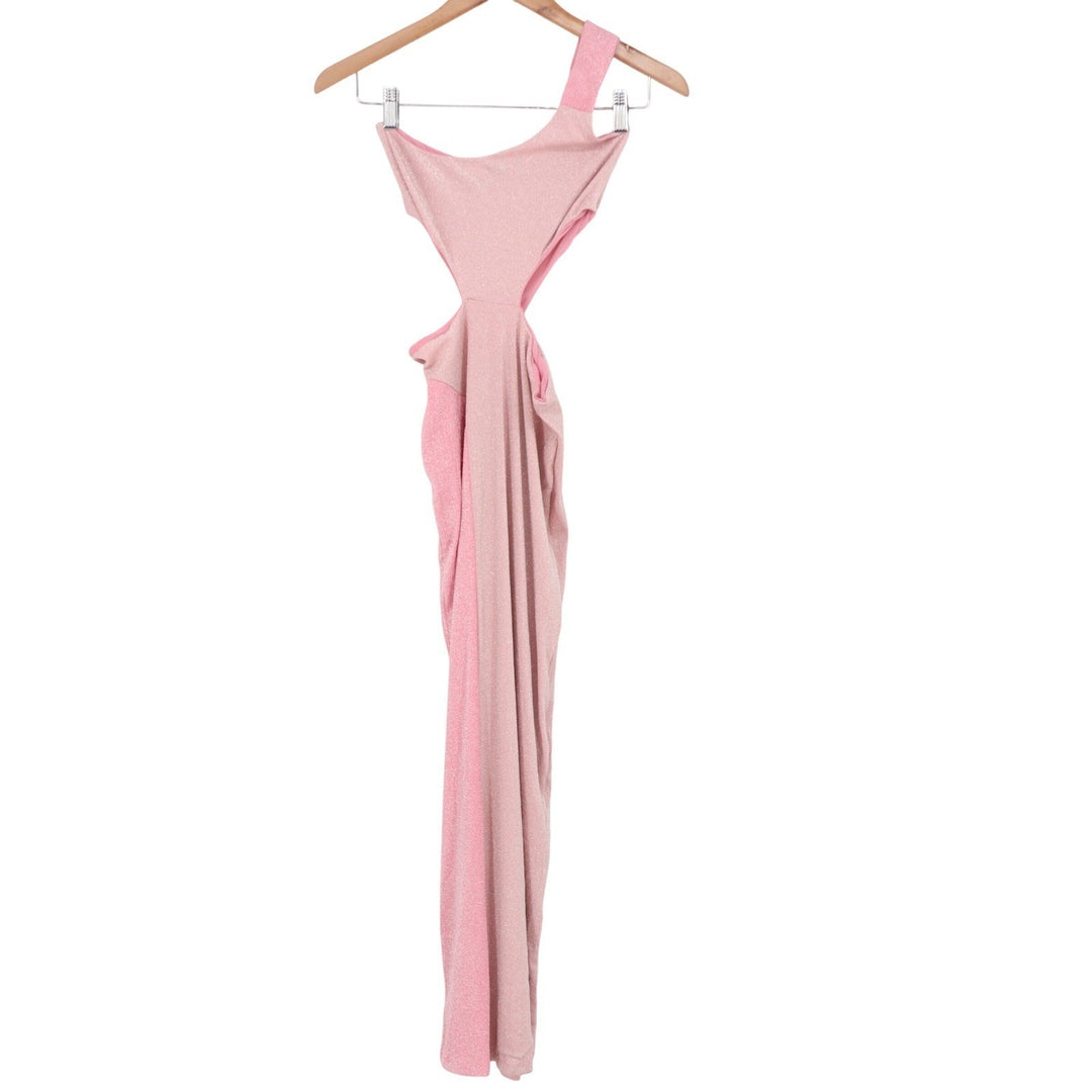 Naked Wardrobe Pink Metallic One Shoulder Cut Out Maxi Dress Small
