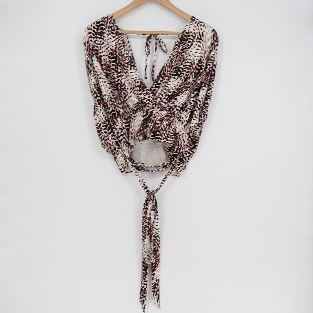 Express Animal Print Surplice Tie Waist Wrap Top Brown Black Large NWT