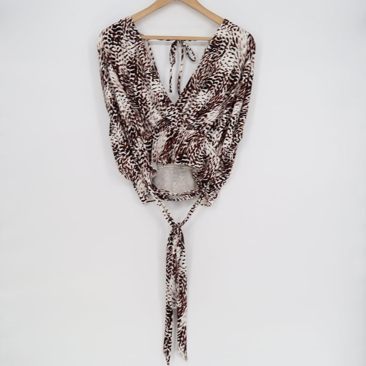 Express Animal Print Surplice Tie Waist Wrap Top Brown Black Large NWT