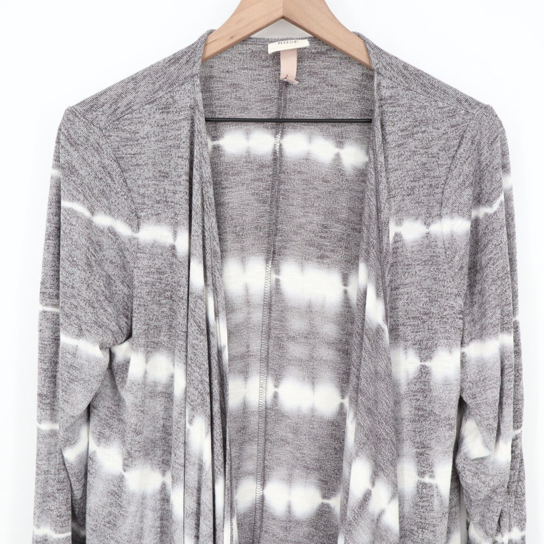 Knox Rose Cardigan Sweater Womens Large Gray White Striped Knitted Long Sleeve