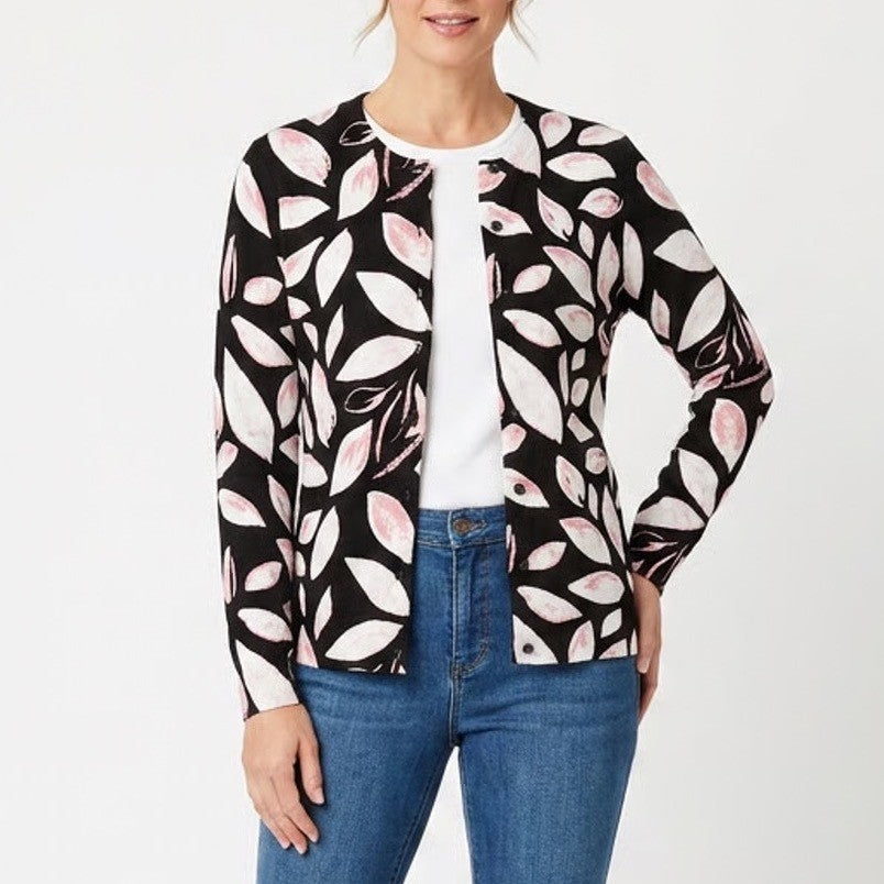 Karen Scott Womens Pink Black Leaf Print Button Front Cardigan Sweater Small