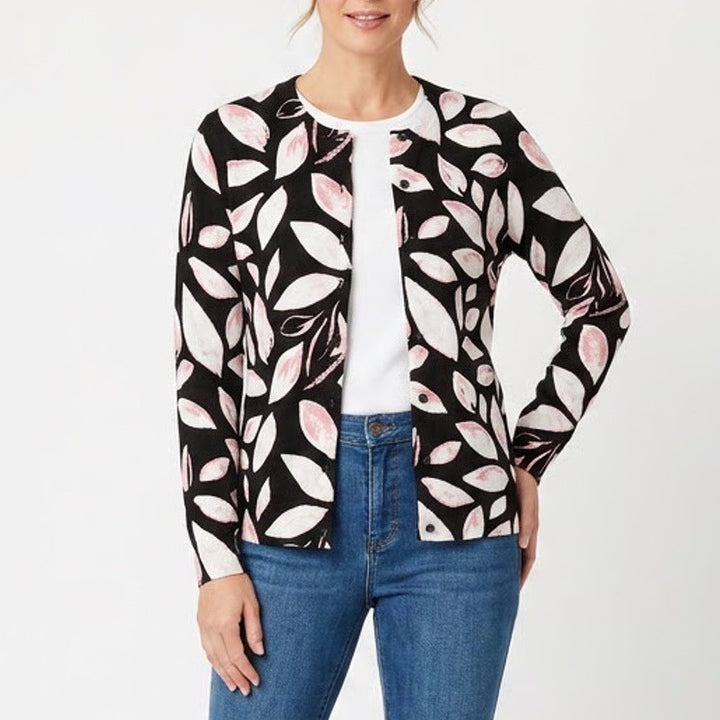 Karen Scott Womens Pink Black Leaf Print Button Front Cardigan Sweater Small