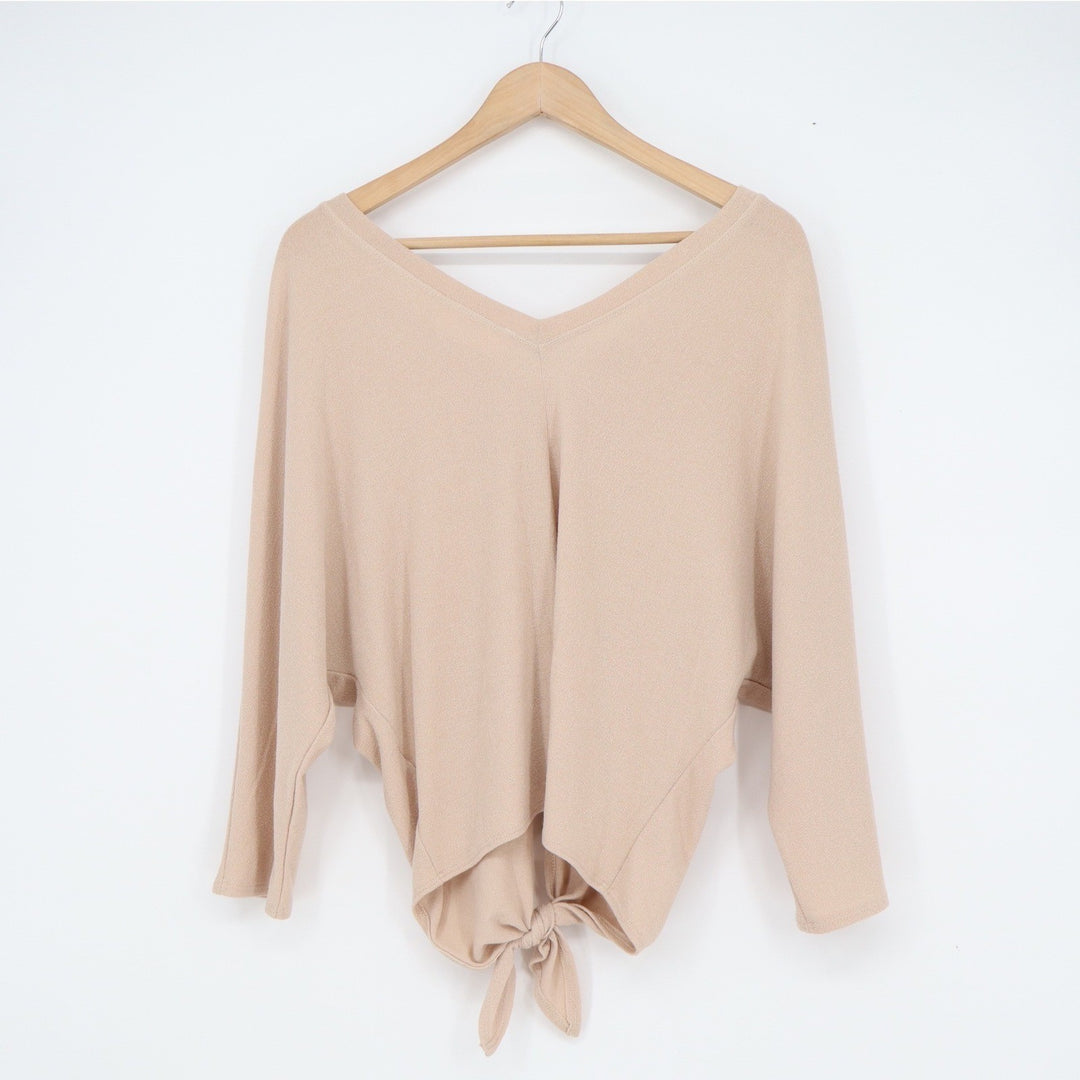Six/Fifty Womens V Neck Tie Front Top Beige Long Sleeve Dolman Small