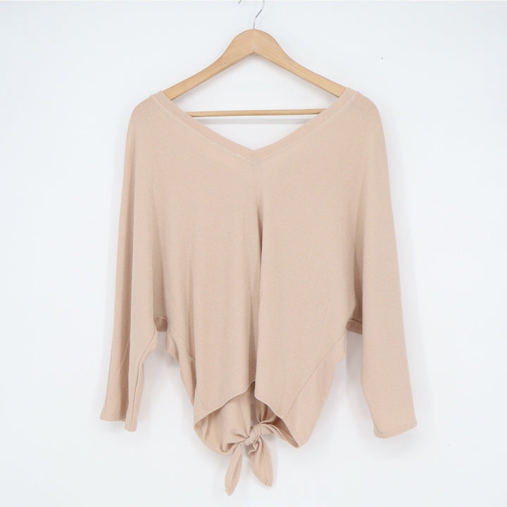 Six/Fifty Womens V Neck Tie Front Top Beige Long Sleeve Dolman Small