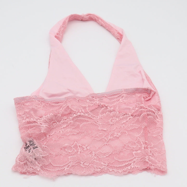 SHEIN Halter Top Womens XS Floral Lace Pink Bow Detail Cropped Excellent