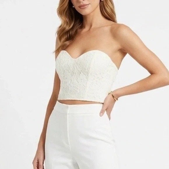Naked Wardrobe Off White Floral Lace Sweetheart Bustier Crop Top Size S