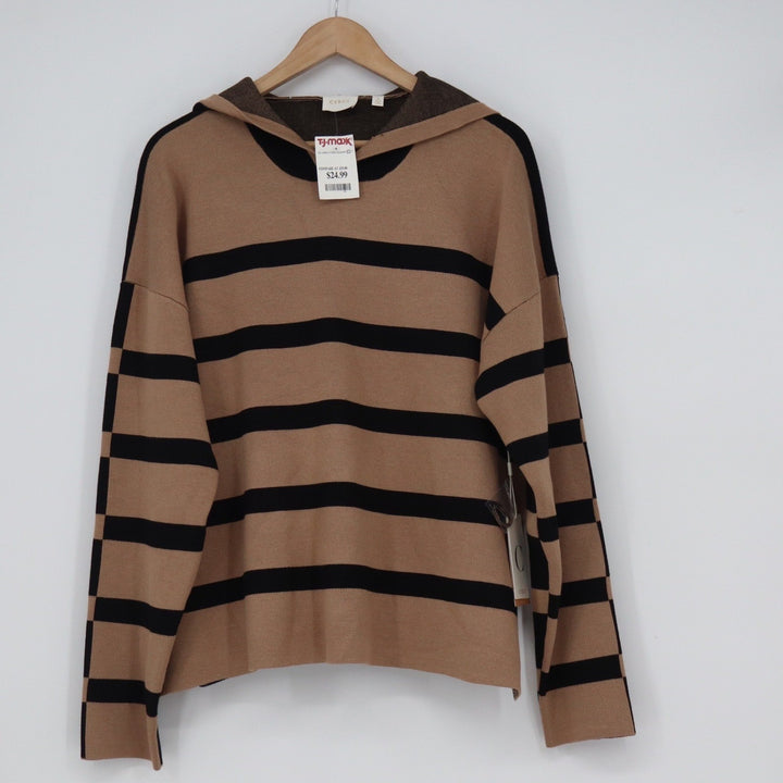 Cyrus Womens Striped Hooded Sweater Brown Black Rayon Blend Size L