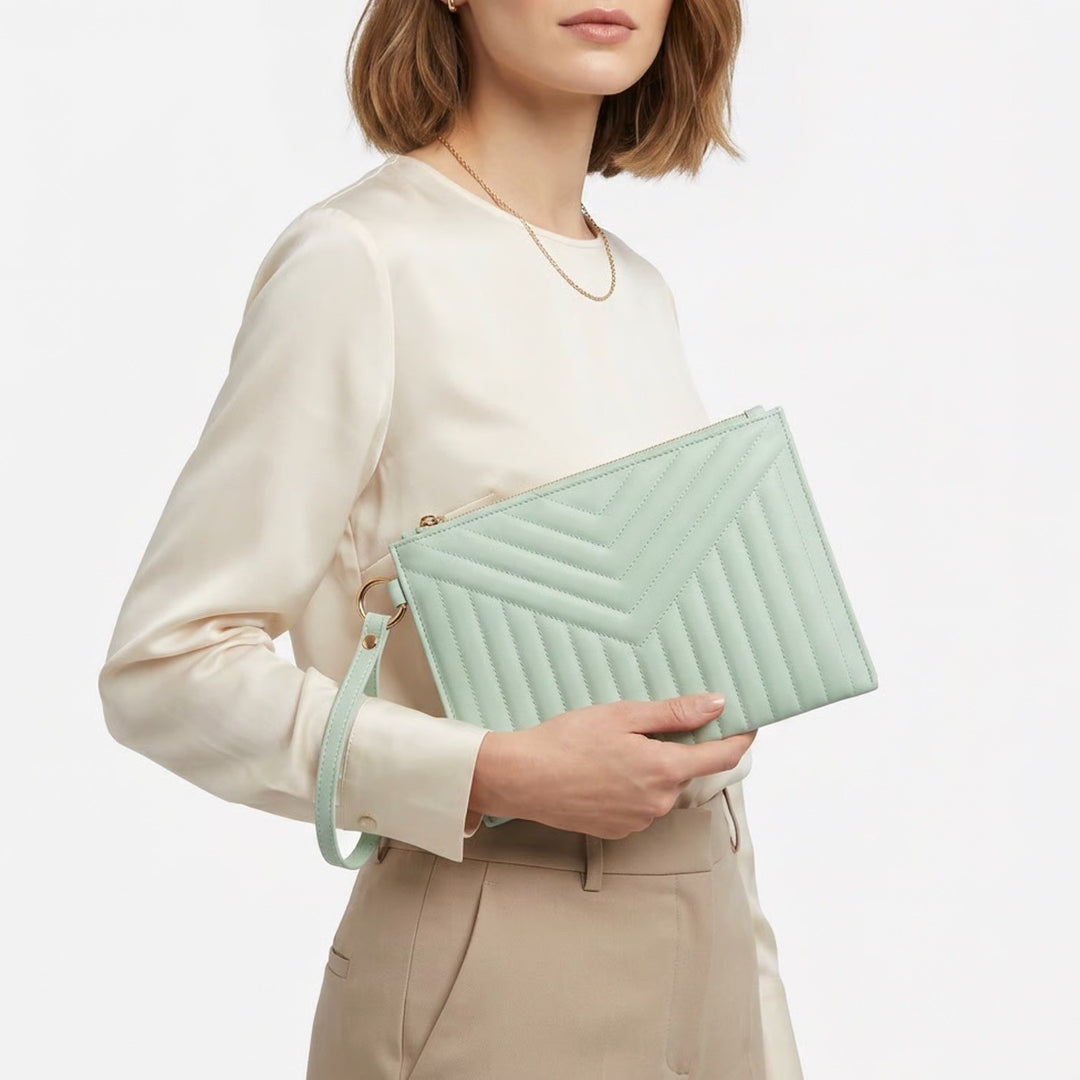 A New Day Mint Green Quilted Chevron Wristlet Clutch Zip Pouch Bag Gold Tone