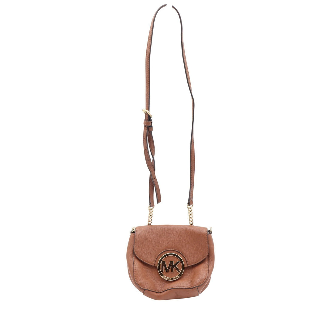Michael Kors Fulton Small Luggage Brown Pebbled Leather Crossbody Bag Gold Logo