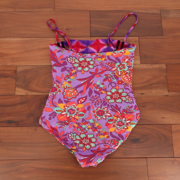 Womens Reversible One Piece Swimsuit Multicolor Floral Tie Dye Removable Straps