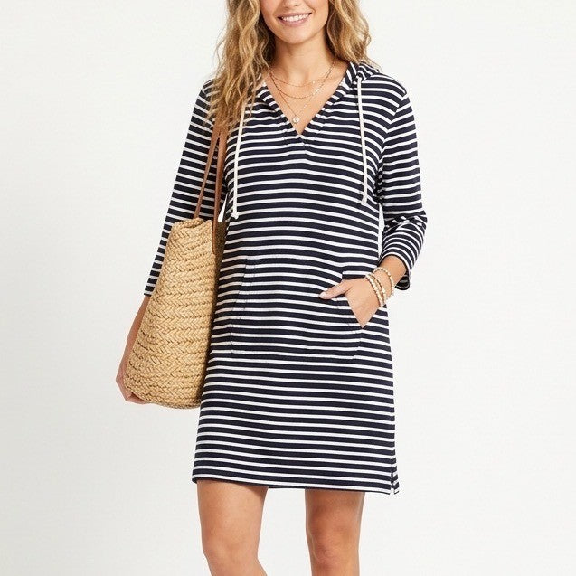 Lands' End Swim Cover-Up Womens XL Blue White Striped Terry Hooded Split Neck