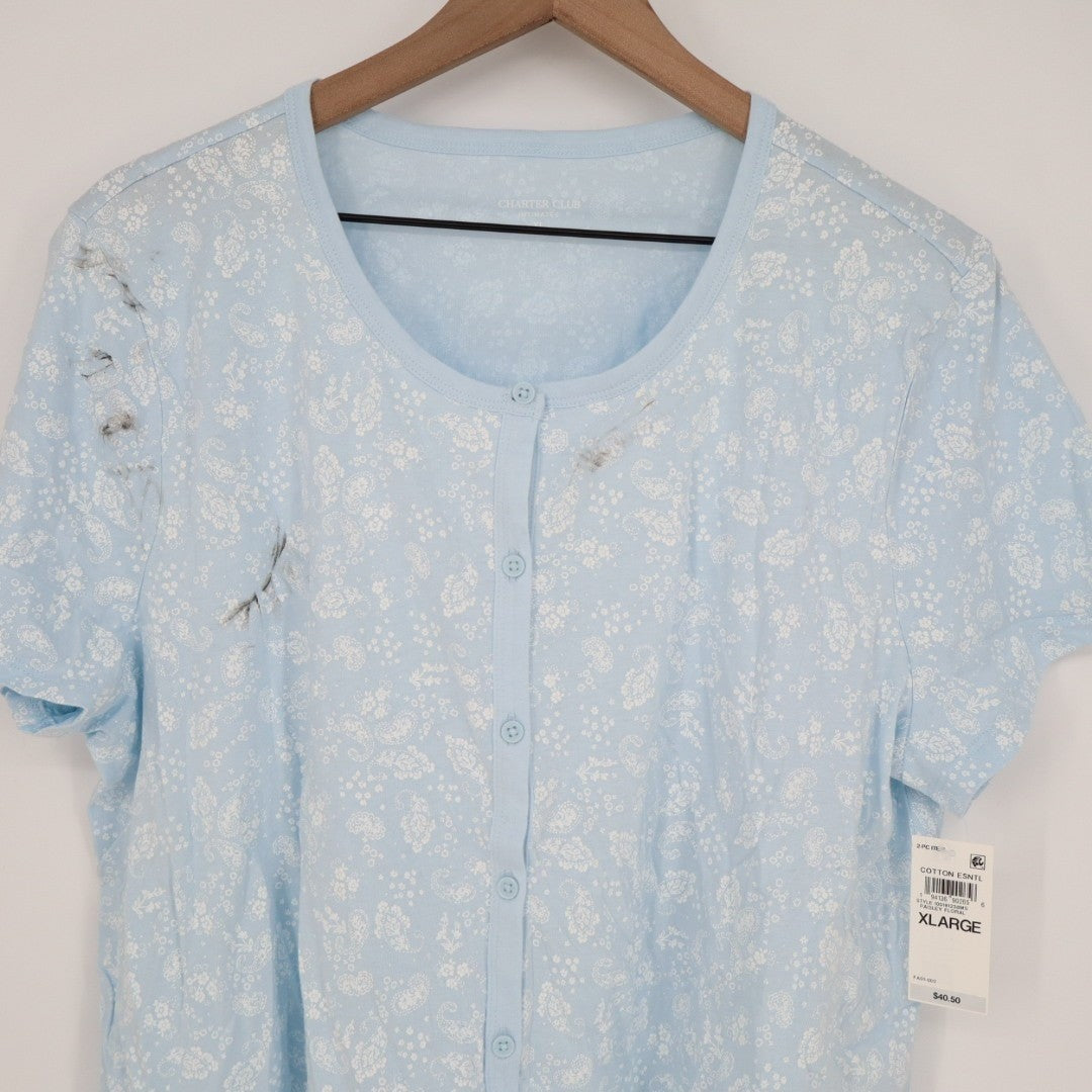 Charter Club 2-PC Pajamas Set Womens XL Blue Floral Button Front Straight Leg