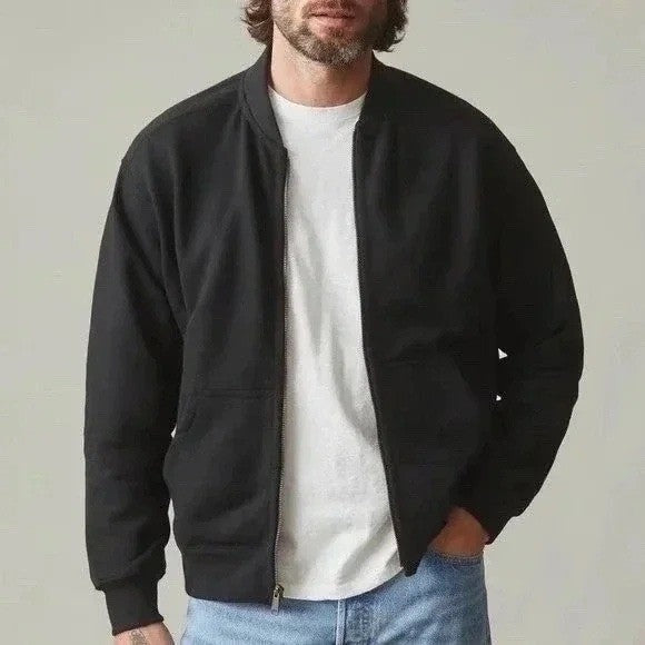 American Giant Fleece Bomber Jacket Mens Large Black Ribbed Relaxed Fit Full Zip