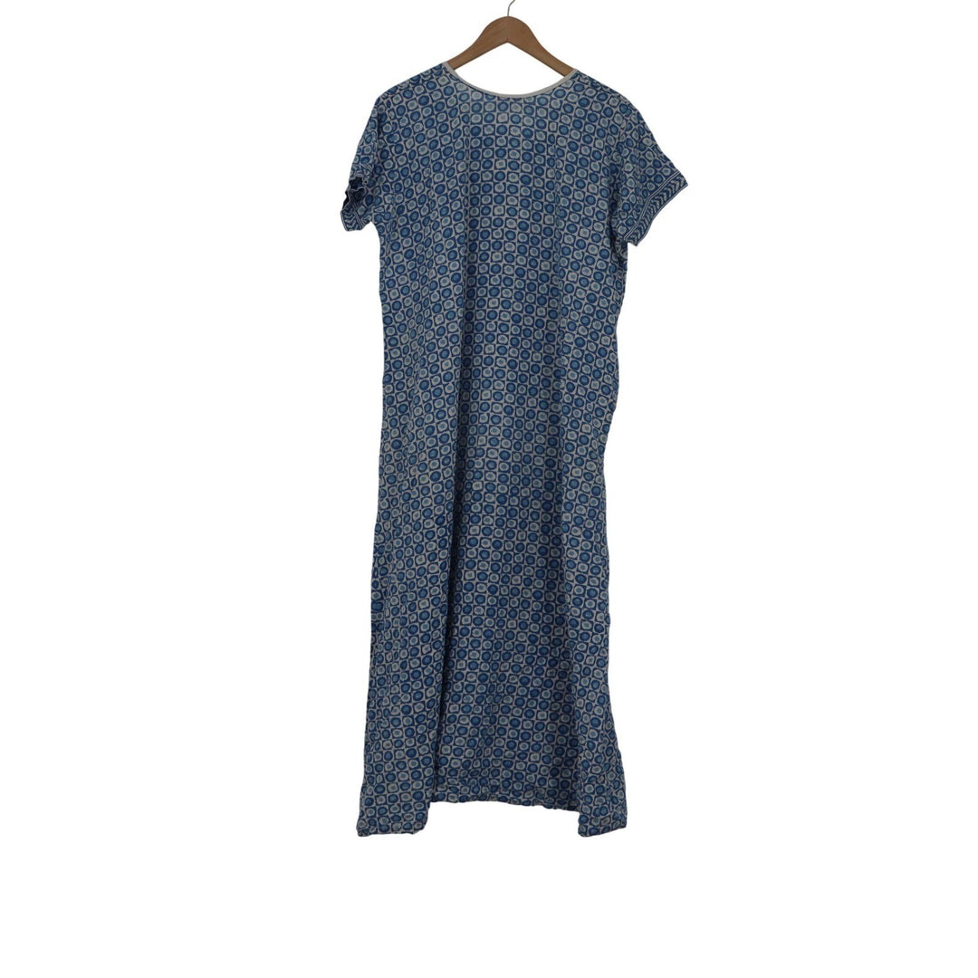Bamboo Tree Blue White Block Print Zip Front Kaftan Maxi Dress Womens Large
