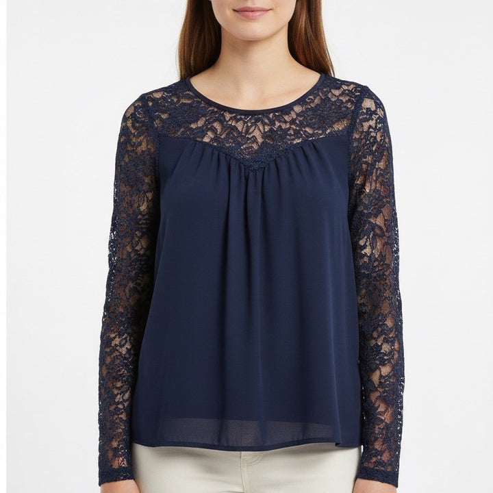 Charlotte Russe Navy Blue Lace Sleeve Gathered Neck Blouse Top Women's Medium