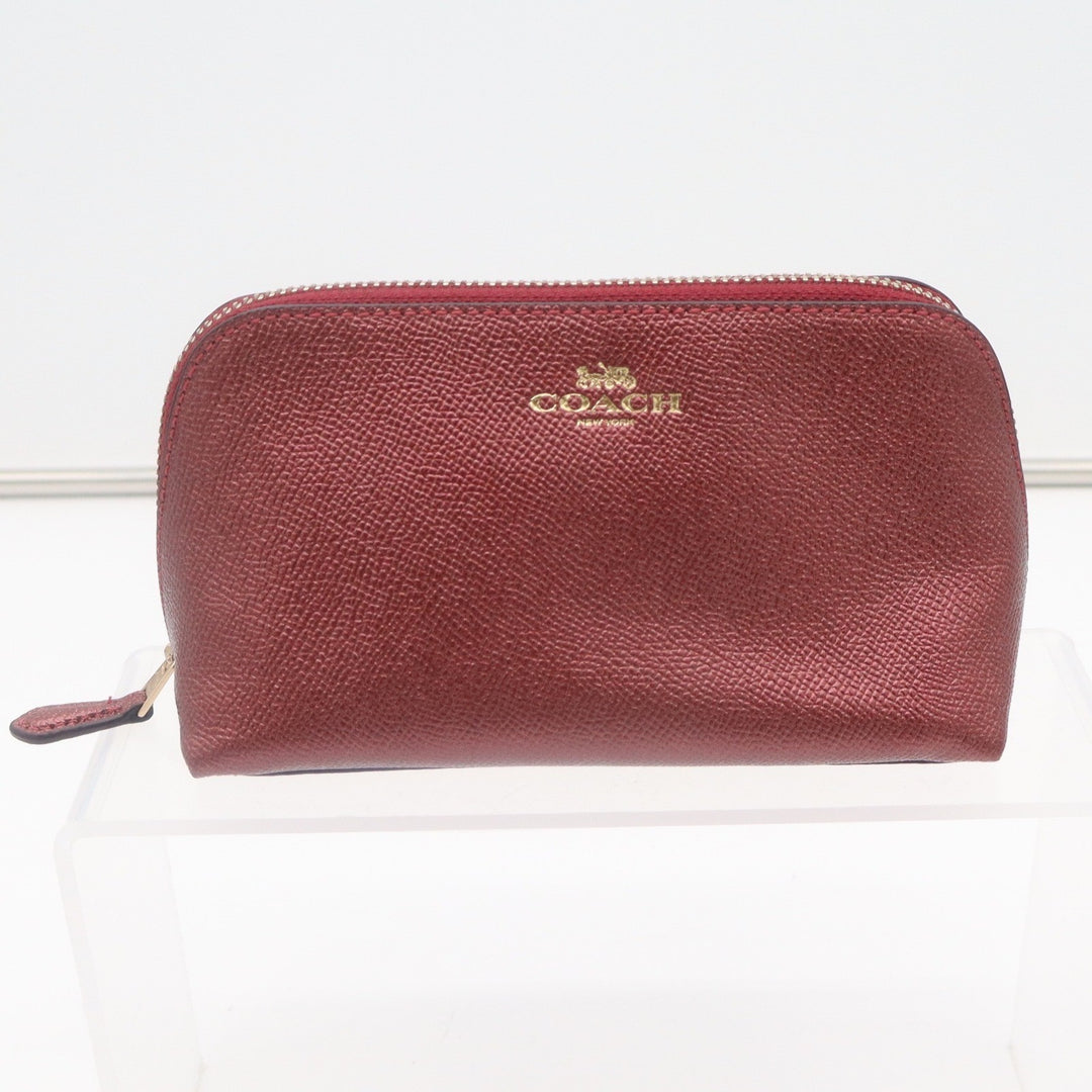 Coach Metallic Burgundy Crossgrain Leather Cosmetic Case Makeup Bag Gold Logo