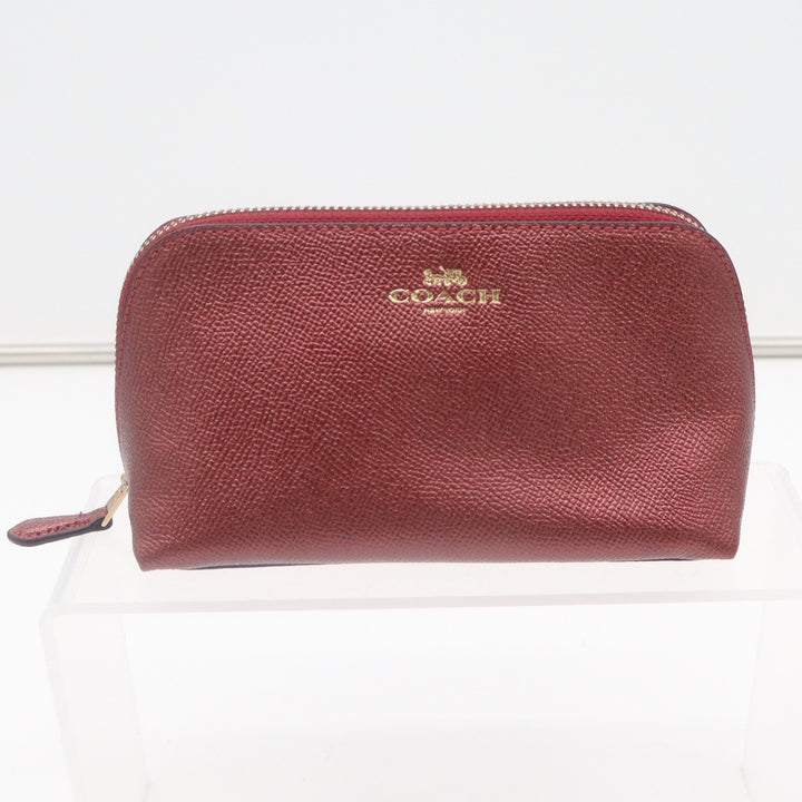 Coach Metallic Burgundy Crossgrain Leather Cosmetic Case Makeup Bag Gold Logo