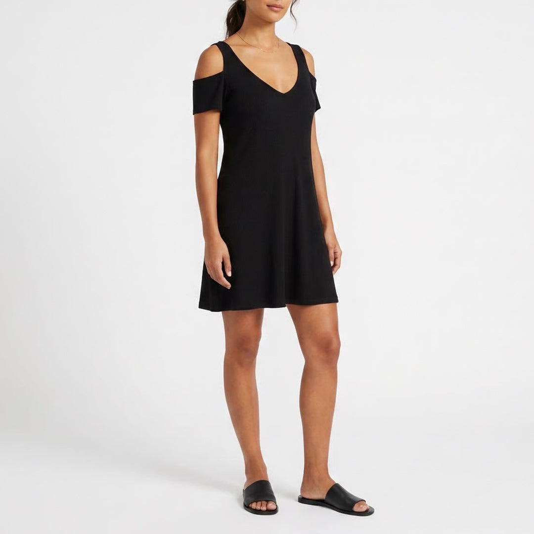 American Eagle Outfitters Shift Dress Womens Medium Black V Neck Cold Shoulder