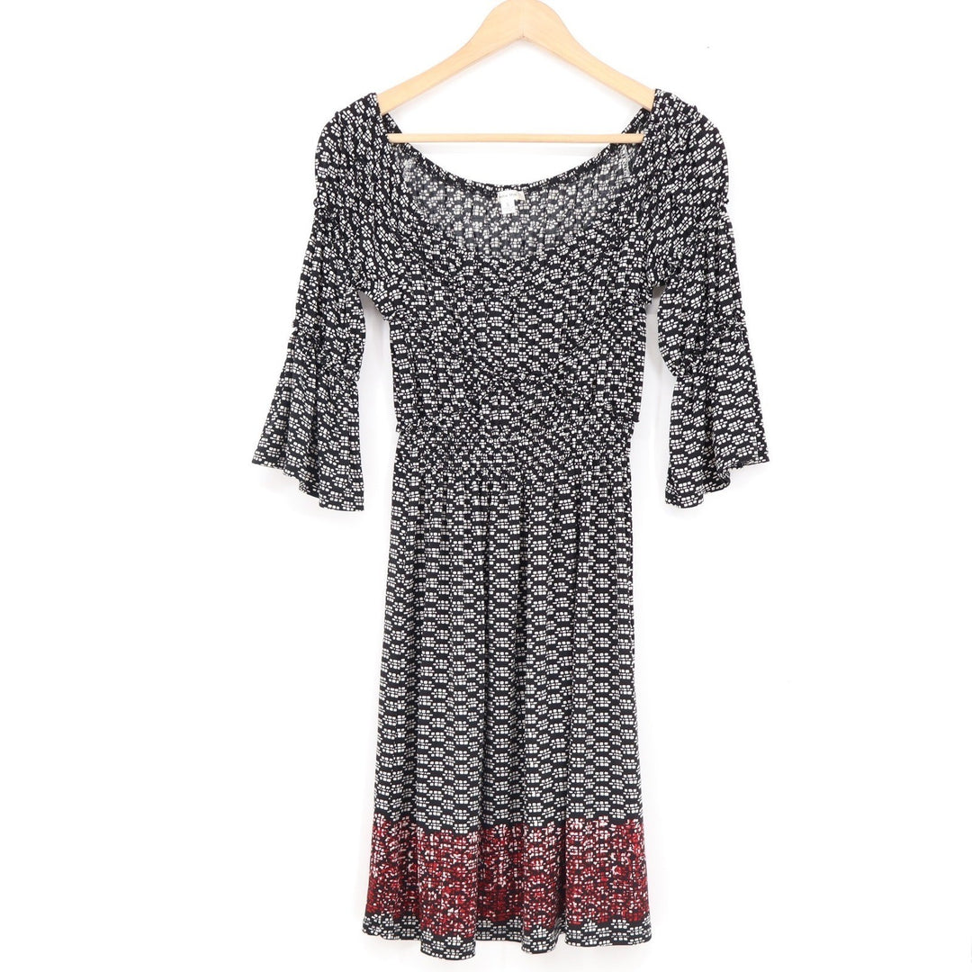 Sophie Max Womens Black White Geometric Print Bell Sleeve Smocked Dress Small