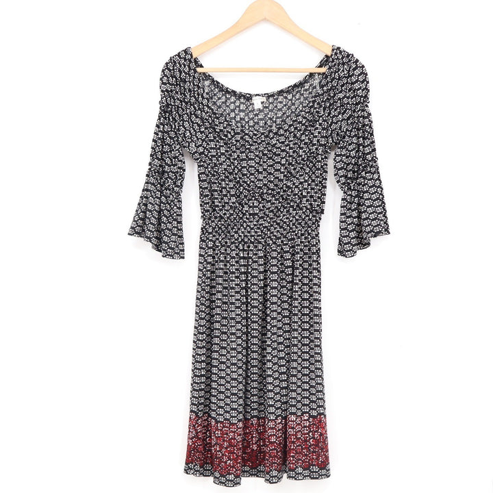 Sophie Max Womens Black White Geometric Print Bell Sleeve Smocked Dress Small