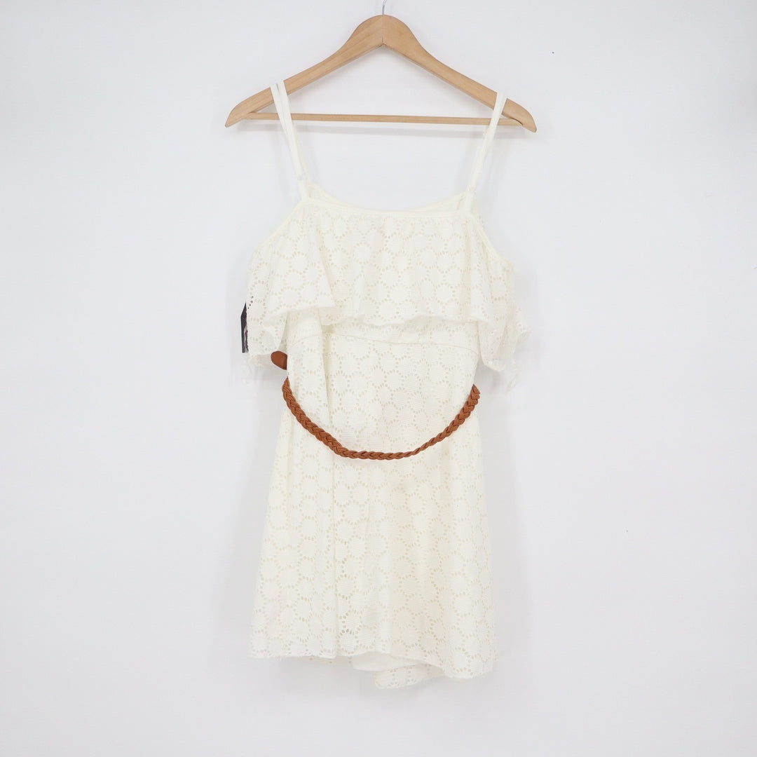 No Boundaries Juniors XL Crochet Lace Dress Cream Cold Shoulder Belted