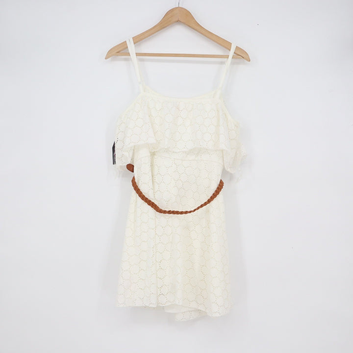 No Boundaries Juniors XL Crochet Lace Dress Cream Cold Shoulder Belted