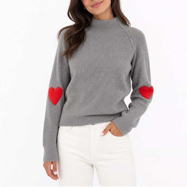 Chicwish Grey Ribbed Mock Neck Sweater Red Heart Elbow Patches Pullover Womens