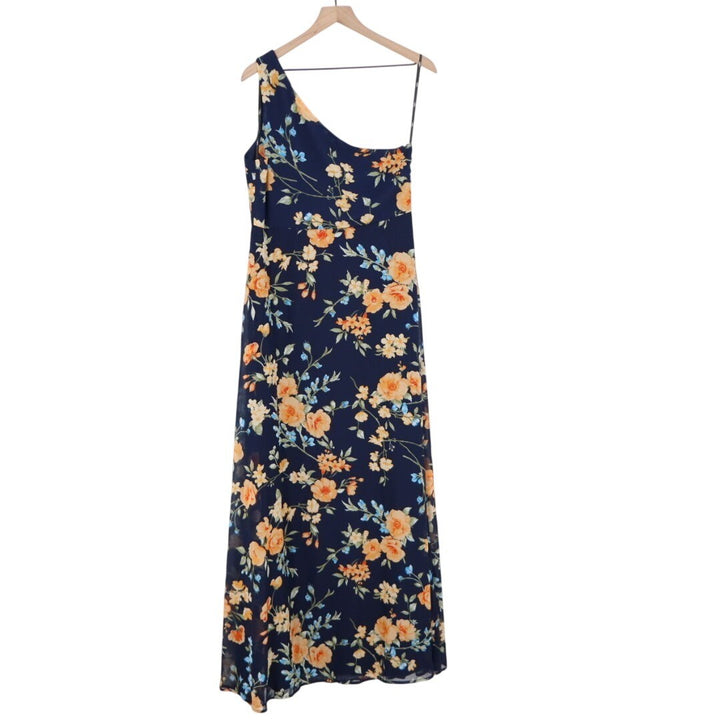 Lulus Elegant Admiration Maxi Dress Womens L Blue Floral One-Shoulder Front Slit