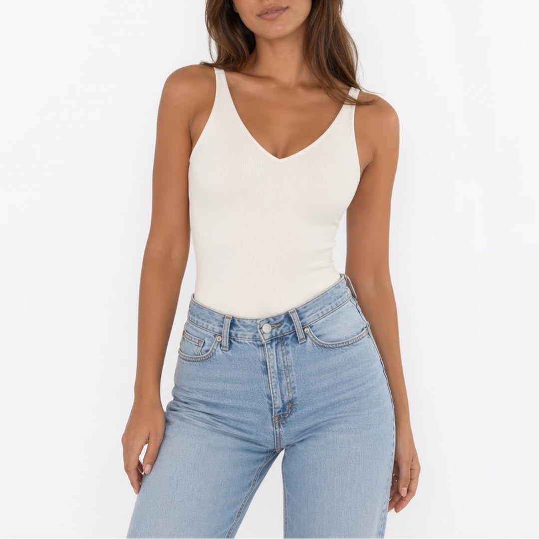 Forever 21 One Piece Bodysuit Womens Large White Stretch Knit V-Neck Sleeveless