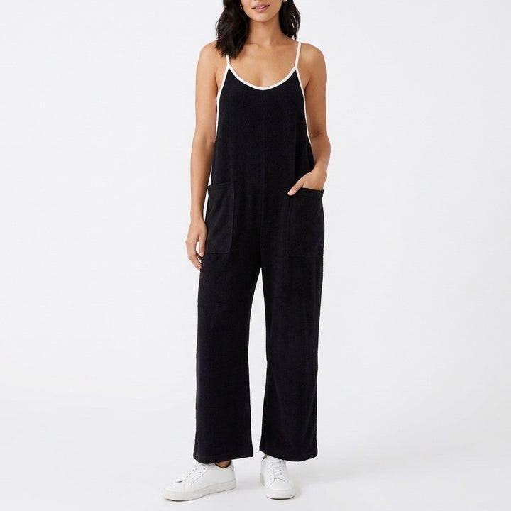 Hot Shot Cuddle Up Jumpsuit Womens Small Black Straight Leg