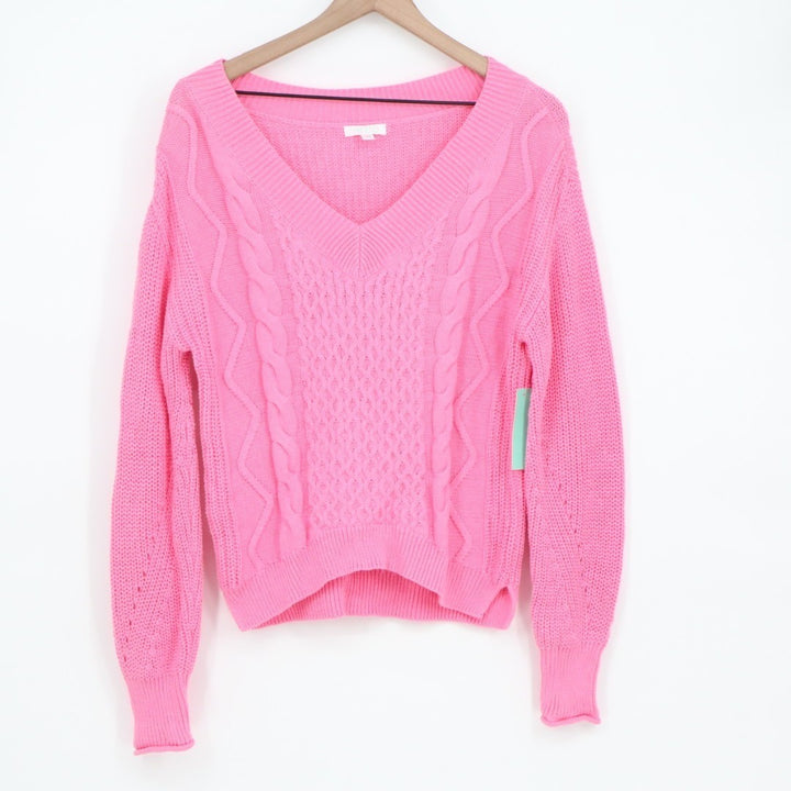 Abound Sweater Women Medium Aurora Pink Cable Knit Cotton Side Slit High Low Hem