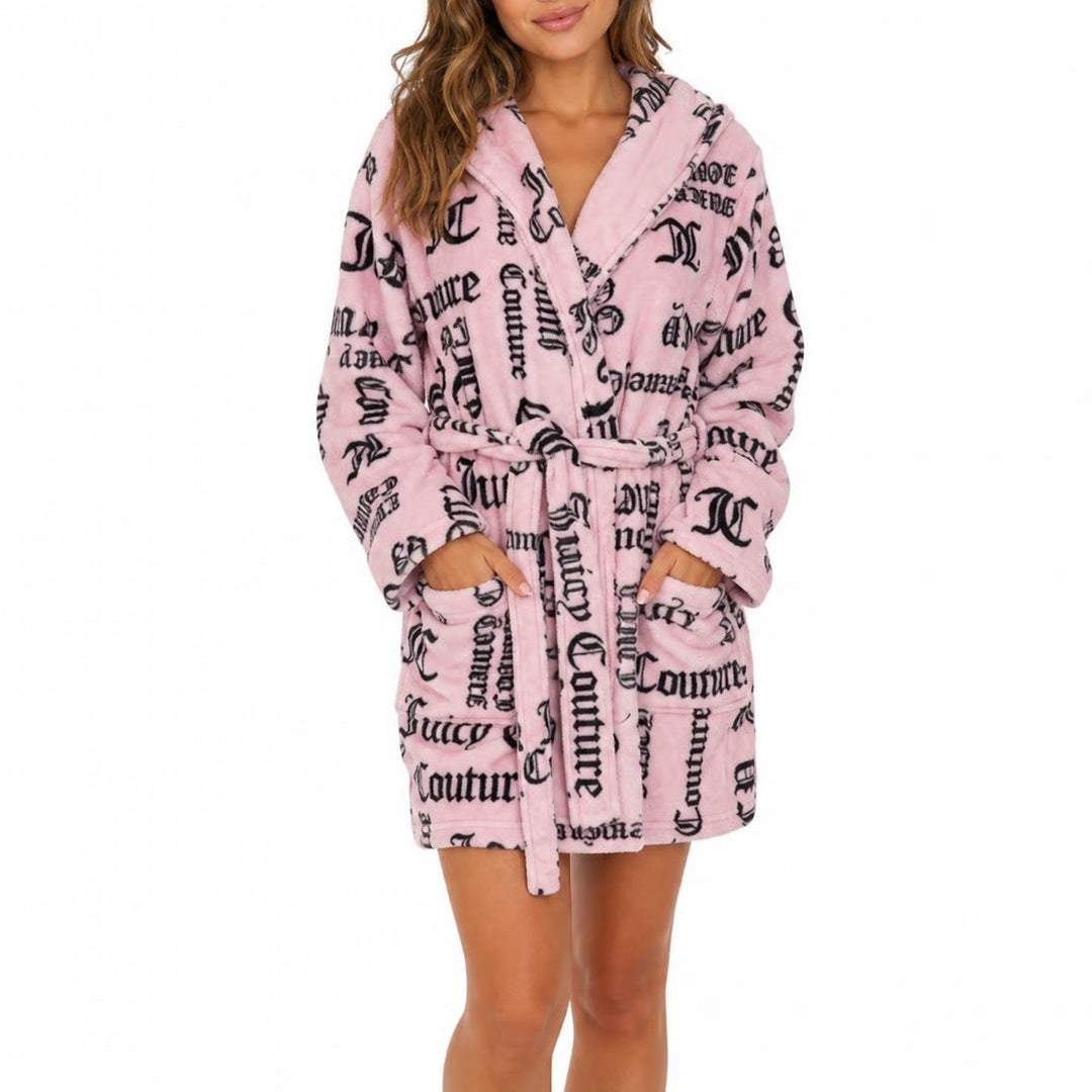 Juicy Couture Pink Gothic Script Logo Plush Hooded Robe S/M Loungewear